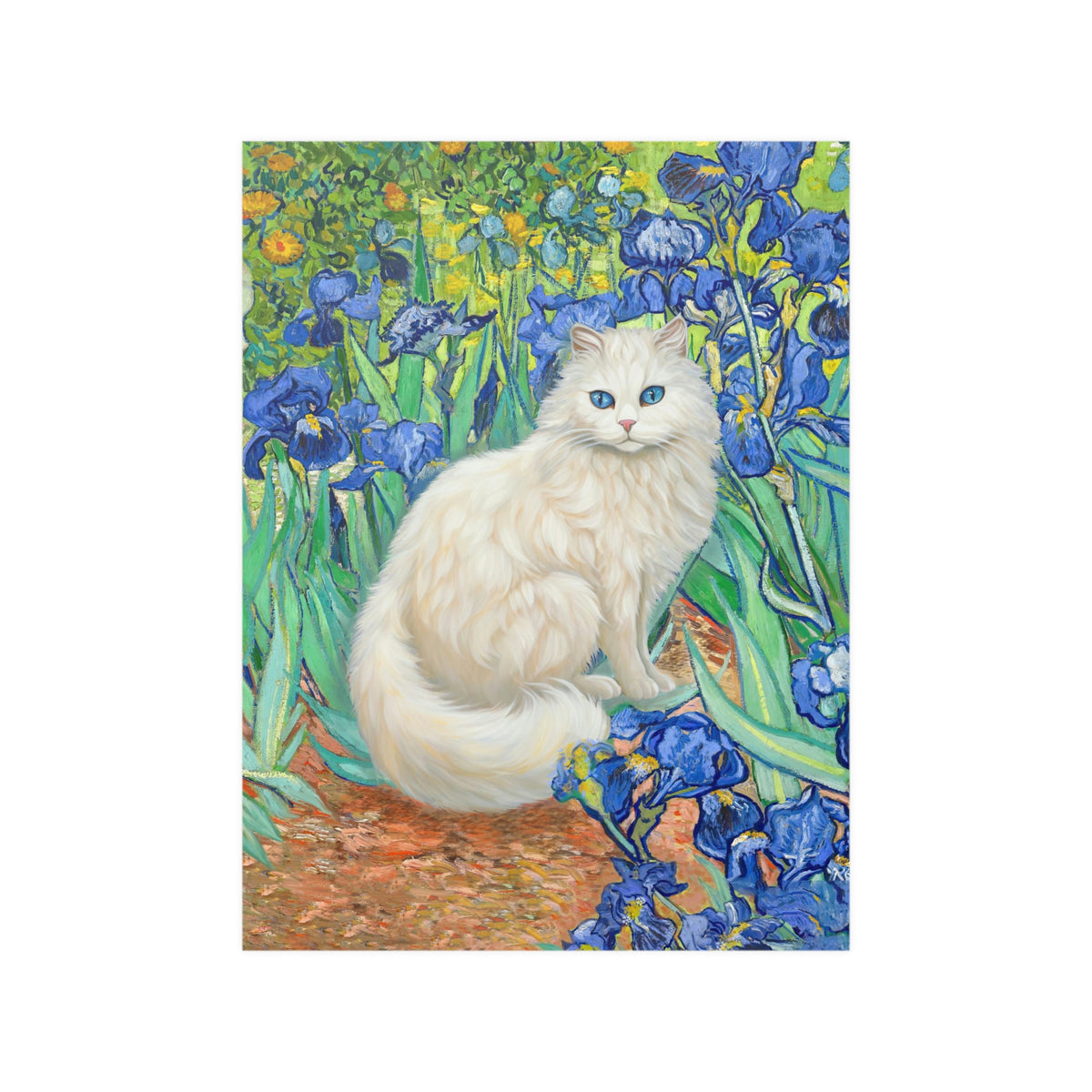 White Cat With Van Gogh Irises, White Cat Poster, Beautiful Cat Art, Printed Unframed Poster