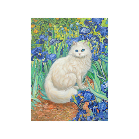 White Cat With Van Gogh Irises, White Cat Poster, Beautiful Cat Art, Printed Unframed Poster