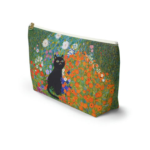 Klimt Cottage Garden with adorable cat. Arty Cat Lover bag, All purpose Accessory Pouch