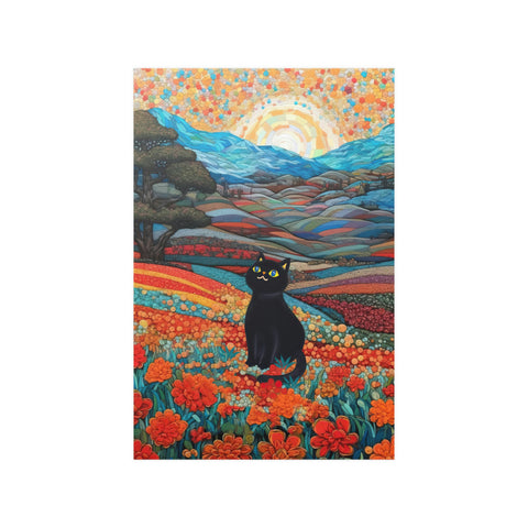 Joyful Cat in the Wonderful Flower Valley, Cute Black Cat Art, Unframed Satin Poster