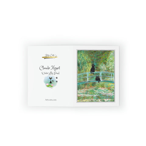 Monet's Water Lily Pond Bridge with two Adorable Black Cats. Claude Monet Art Painting Greeting Card, Set of 8 of Cards & Evelopes