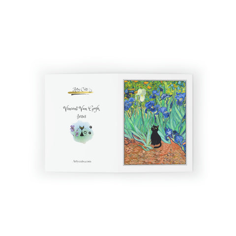 Van Gogh Irises with Adorable Black Cat Art Painting Greeting Card, Set of 8 of Cards & Evelopes