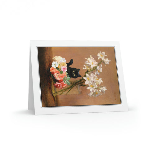 Roses and Lilies in the Vase with a Cat, Henri Fantin Latour Art Painting Greeting Card, Set of 8 of Cards & Evelopes