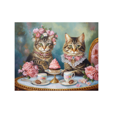 Two Cats in Paris Having Tea And Cakes at Little Posh Cafe, Unframed Printed Satin Posters (210gsm)