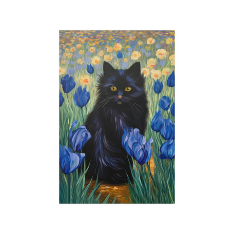 The Cute Black Cat Among Irises, Cat Art Unframed Satin Poster