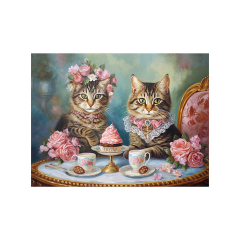 Two Cats in Paris Having Tea And Cakes at Little Posh Cafe, Unframed Printed Satin Posters (210gsm)