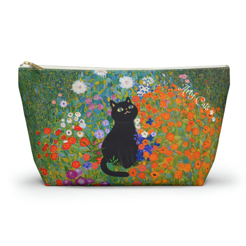 Klimt Cottage Garden with adorable cat. Arty Cat Lover bag, All purpose Accessory Pouch