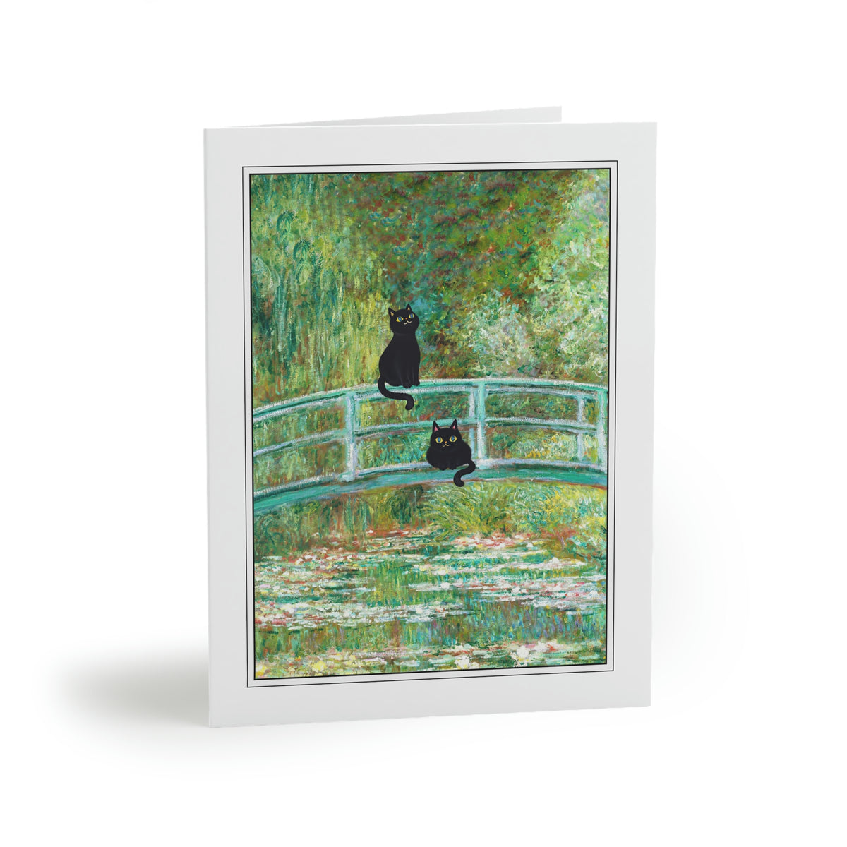 Monet's Water Lily Pond Bridge with two Adorable Black Cats. Claude Monet Art Painting Greeting Card, Set of 8 of Cards & Evelopes