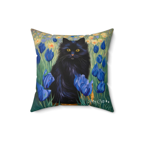 Cute Black Cat Among Irises, Art Print Cushion Pillow