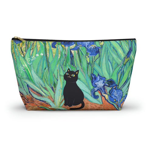 Van Gogh Irises with Adorable Black Cat, Cat Lover Gift Bag, All purpose Accessory Pouch