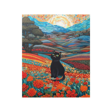 Joyful Cat in the Wonderful Flower Valley, Cute Black Cat Art, Unframed Satin Poster