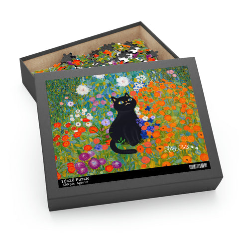 Gustav Klimt Cottage Garden with Adorable Black Cat, Puzzle 500-Piece