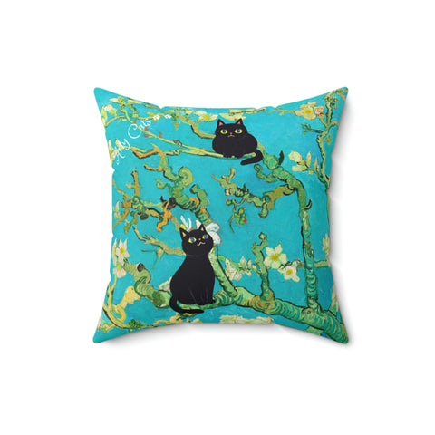 Van Gogh Almond Blossoms with Two Adorable Arty Cats, Cat Lover Gift, Unique Art Print Spun Polyester Square Pillow