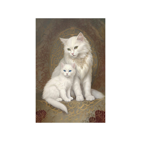 Mom Cat and her Kitten, White Cats Art Poster, Unframed Printed Satin Poster