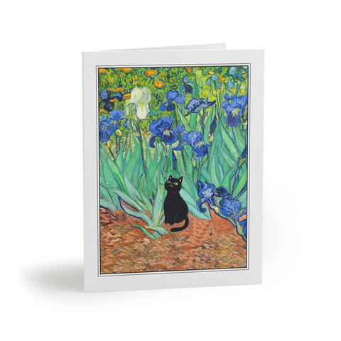 Van Gogh Irises with Adorable Black Cat Art Painting Greeting Card, Set of 8 of Cards & Evelopes