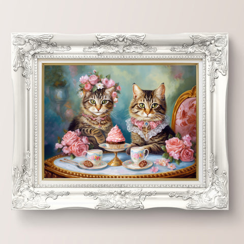 Two Cats in Paris Having Tea And Cakes at Little Posh Cafe, Unframed Printed Satin Posters (210gsm)