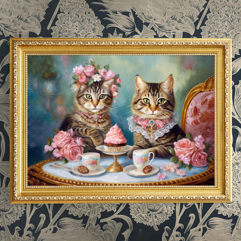 Two Cats in Paris Having Tea And Cakes at Little Posh Cafe, Unframed Printed Satin Posters (210gsm)