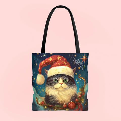 Christmas Cat Tote Bag, Vintage Style all Purpose Designer Tote Bag