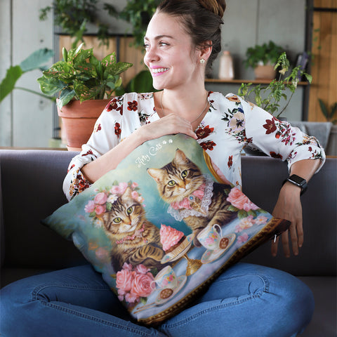 Two Cats in Paris Having Tea And Cakes at Little Posh Cafe, Spun Polyester Square Pillow