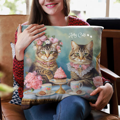 Two Cats in Paris Having Tea And Cakes at Little Posh Cafe, Spun Polyester Square Pillow