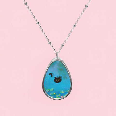 Monet's Water Lily Pond with the Swimming Cat, Claude Monet Art Painting, Adorable Cat Jewelry Oval Necklace