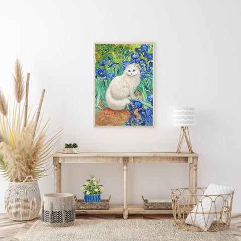 White Cat With Van Gogh Irises, White Cat Poster, Beautiful Cat Art, Printed Unframed Poster