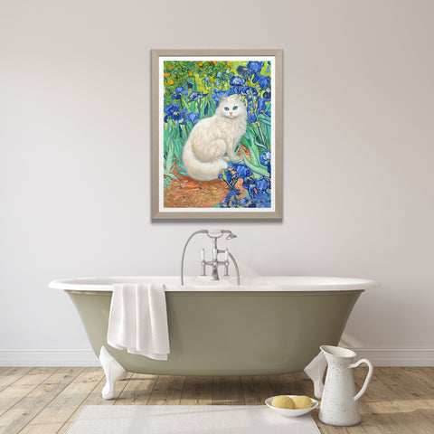 White Cat With Van Gogh Irises, White Cat Poster, Beautiful Cat Art, Printed Unframed Poster