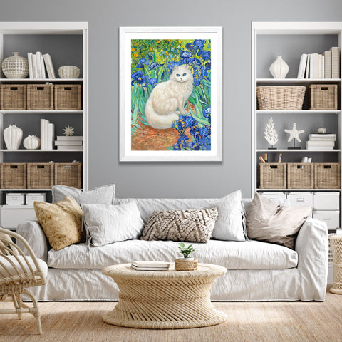 White Cat With Van Gogh Irises, White Cat Poster, Beautiful Cat Art, Printed Unframed Poster