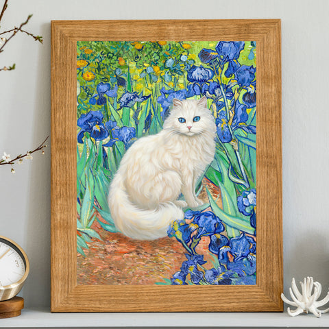 White Cat With Van Gogh Irises, White Cat Poster, Beautiful Cat Art, Printed Unframed Poster