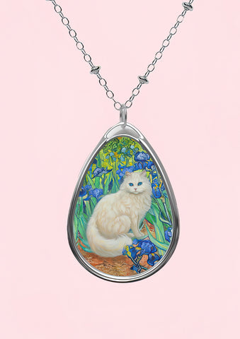 White Cat with Van Gogh Irises, Art Painting, Adorable Cat Jewelry, Cat Necklace