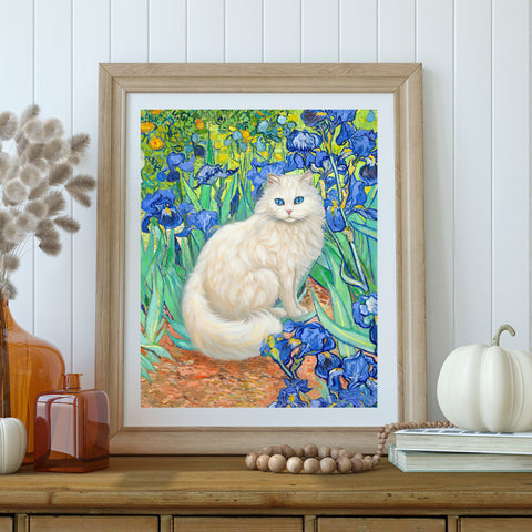 White Cat With Van Gogh Irises, White Cat Poster, Beautiful Cat Art, Printed Unframed Poster