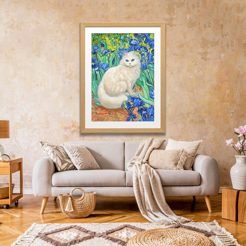 White Cat With Van Gogh Irises, White Cat Poster, Beautiful Cat Art, Printed Unframed Poster