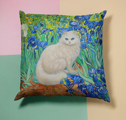 White Cat Pillow with Van Gogh Irises Painting, Van Gogh Art, Arty Cats Cushion, Cat Lover Gift, Unique Art Print Spun Polyester Square Pillow
