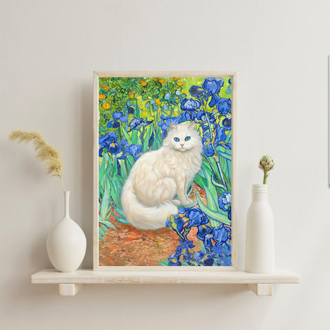 White Cat With Van Gogh Irises, White Cat Poster, Beautiful Cat Art, Printed Unframed Poster