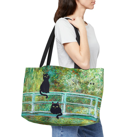 Claude Monet Lily Pond Bridge Art Bag, Arty Cats Bag, Cat Lover Gift, Weekender Tote Bag