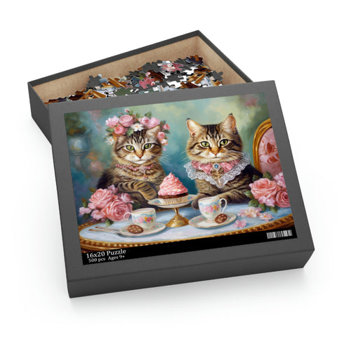 Two Cats in Paris Having Tea And Cakes at Little Posh Cafe, Puzzle 500-Piece