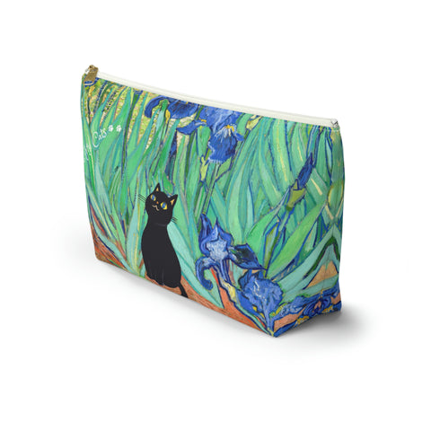 Van Gogh Irises with Adorable Black Cat, Cat Lover Gift Bag, All purpose Accessory Pouch