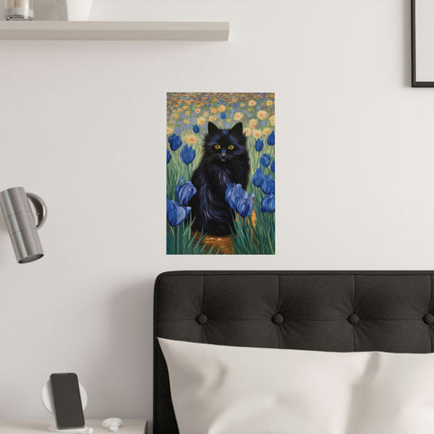 The Cute Black Cat Among Irises, Cat Art Unframed Satin Poster