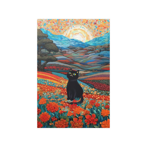 Joyful Cat in the Wonderful Flower Valley, Cute Black Cat Art, Unframed Satin Poster