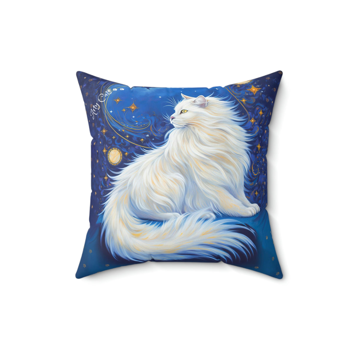 Celestial Cat at Midnight with a Starry Sky, Arty Cats Spun Polyester Square Pillow