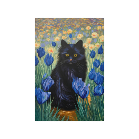 The Cute Black Cat Among Irises, Cat Art Unframed Satin Poster