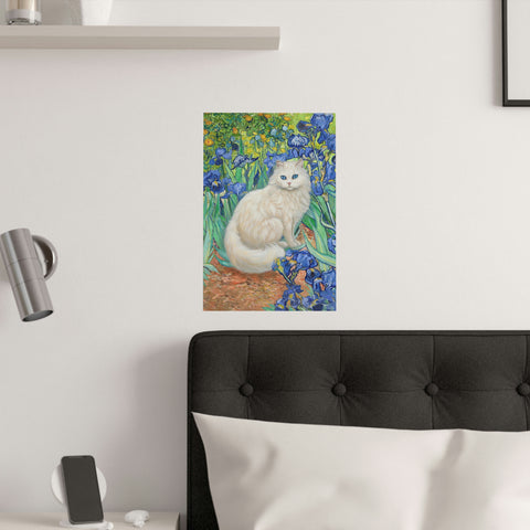 White Cat With Van Gogh Irises, White Cat Poster, Beautiful Cat Art, Printed Unframed Poster