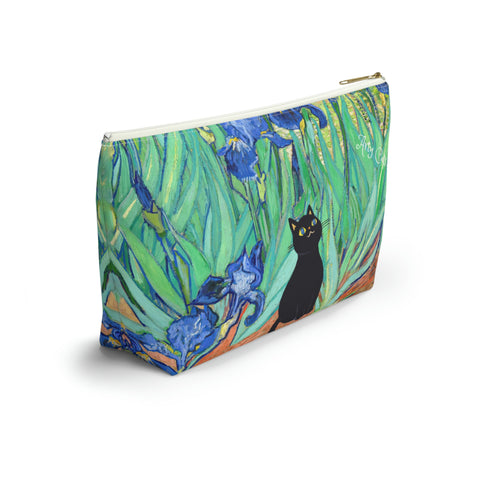 Van Gogh Irises with Adorable Black Cat, Cat Lover Gift Bag, All purpose Accessory Pouch