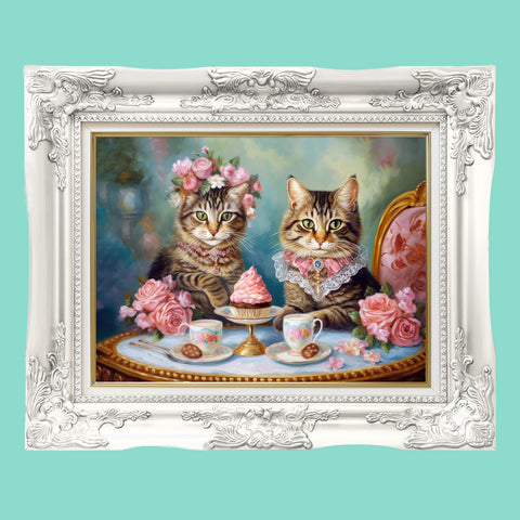 Two Cats in Paris Having Tea And Cakes at Little Posh Cafe, Unframed Printed Satin Posters (210gsm)