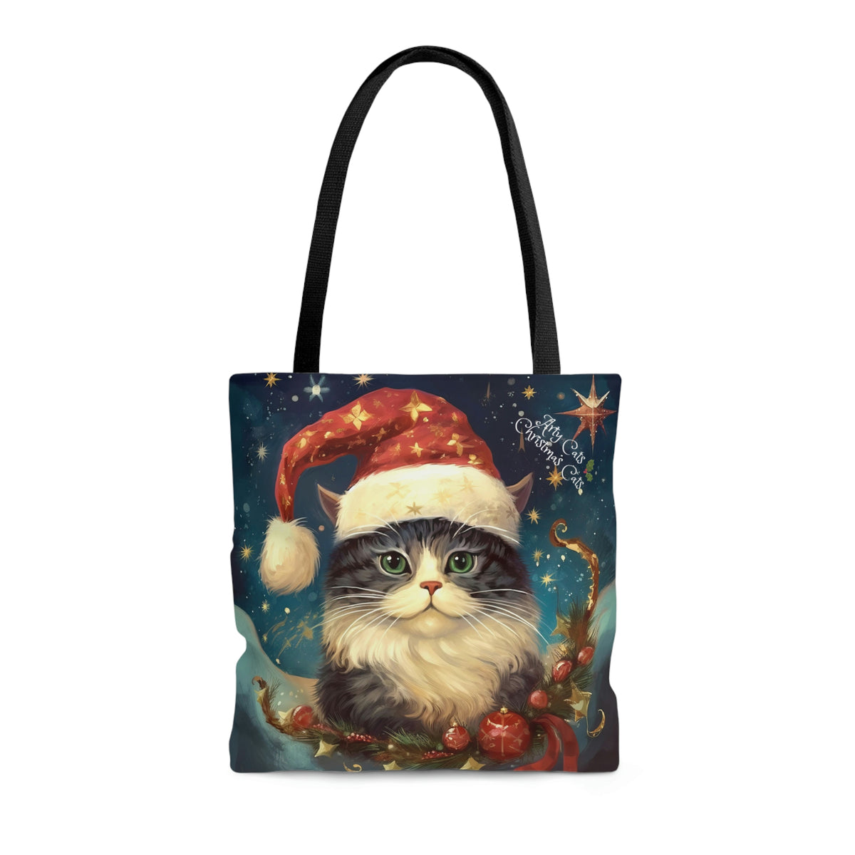 Christmas Cat Tote Bag, Vintage Style all Purpose Designer Tote Bag