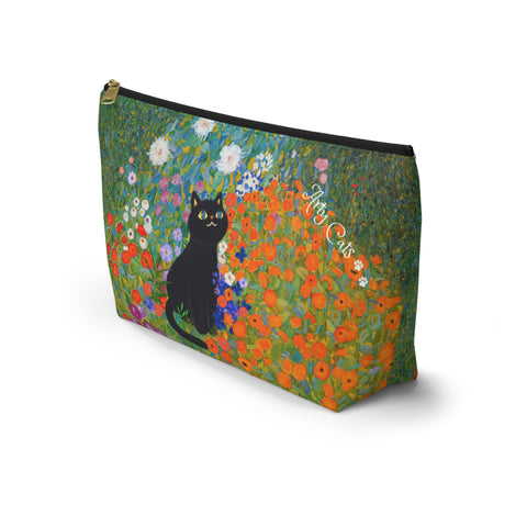 Klimt Cottage Garden with adorable cat. Arty Cat Lover bag, All purpose Accessory Pouch