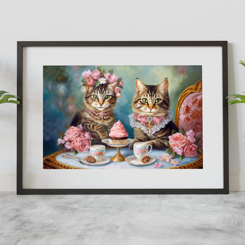 Two Cats in Paris Having Tea And Cakes at Little Posh Cafe, Unframed Printed Satin Posters (210gsm)