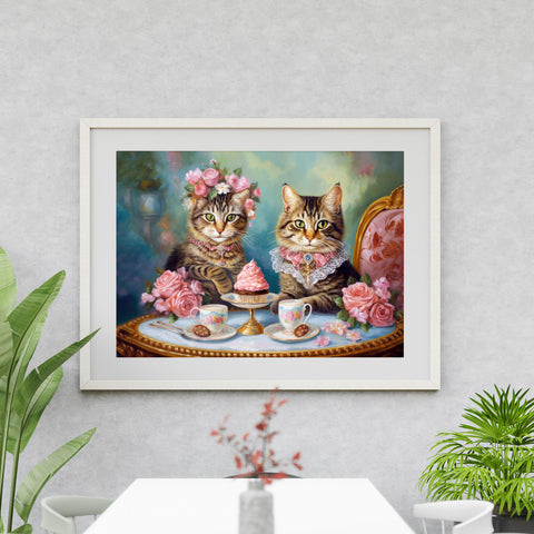 Two Cats in Paris Having Tea And Cakes at Little Posh Cafe, Unframed Printed Satin Posters (210gsm)