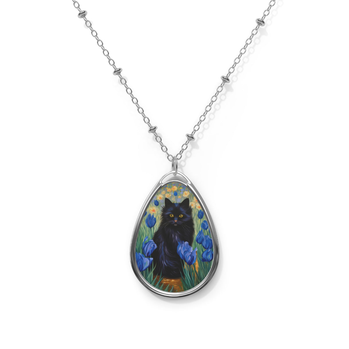 Cute Black Cat Among Irises, Cat Jewelry Oval Necklace