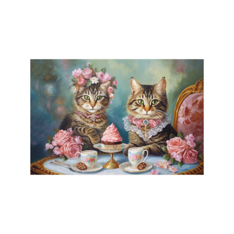 Two Cats in Paris Having Tea And Cakes at Little Posh Cafe, Unframed Printed Satin Posters (210gsm)